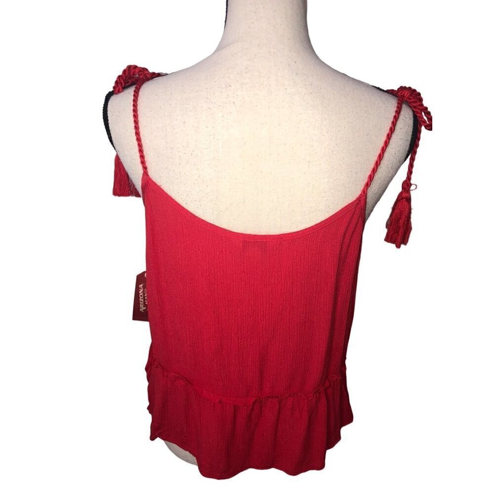 Arizona Jeans Embroidered Top Size M Red Sleeveless Ties Tassels Gauze Boho - Picture 5 of 9